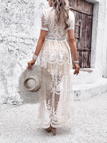 2025 Spring Summer Maxi Dresses for Women V Neck Short Sleeve Lace Floral Flowy Beach Vacation Boho Wedding Sundress2