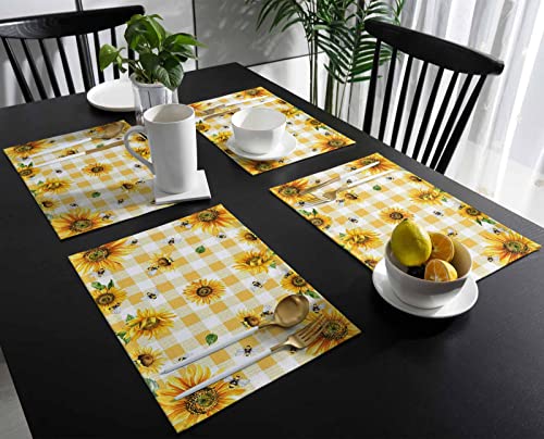 Sunflowers Placemats Set Of 6, 13X19 Inches Cotton Linen Placemat For Kitchen Dining Table, Table Mats For Party Holidays Home Decor, Farm Sunflower With Bees Yellow Plaid #TOP2