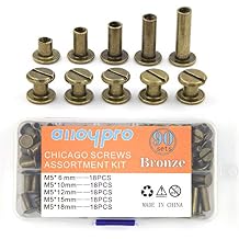 90 Sets Chicago Screws Assorted Kit 5 Sizes Bronze Leather Rivets 5mm Screw Rivets Flat Fillister Book Binding Posts Nail Rivet Chicago Bolts for DIY Leather Craft Bookbinding 6,10,12,15,18mm
