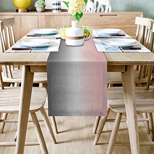 LeoHome Ombre Cotton Linen Rectangle Table Runners 13’x36′, Gradient Pink and Grey Luxury Table Runners for Wedding Party Banquet Dinner Decor