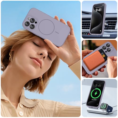 Image of Miracase Magnetic for iPhone 15 Pro Case, [Soft Anti-Scratch Microfiber Lining], Compatible with MagSafe, Liquid Silicone Shockproof Drop Protection Phone Case for 15 Pro, Lavender Gray