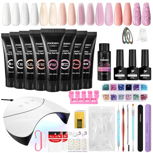 Phoenixy Poly Ongle Gel Kit Complet, 8 Couleurs Poly Ongle Gel Faux Ongles Extension Construction avec 36W Lampe UV/LED pour Manucure Nail Art Debutant