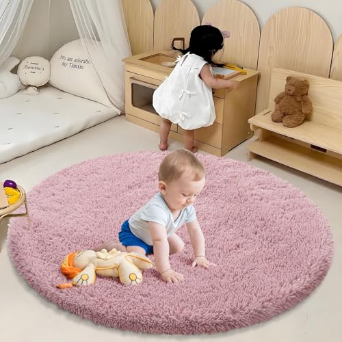 Fluffy Round Area Rugs for Bedroom,Blush 3'X3'Shag Circle Area Rugs for Living Room,Non Slip Fuzzy Plush Rug for Kids Room Boys Girls Room and Dorm