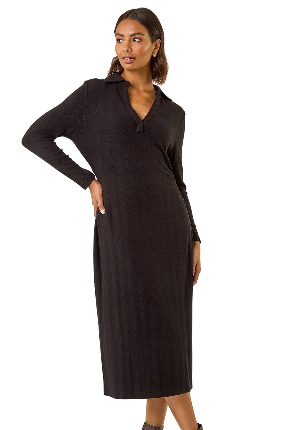 Roman Originals Women's Black Collar Ribbed Knit Midi Dress For Uk - Everyday Autumn Winter V-Neckline Comfy Soft Evening Vacation Work Party Night Out - Size 14
