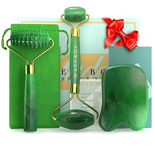 Rodillo certificado de Jade para la cara y Gua Sha Cuidado de la Piel Herramientas por Matykos - certificados verdes Xiuyan Piedras - Anti Aging productos de masaje para drenaje linfático y arrugas