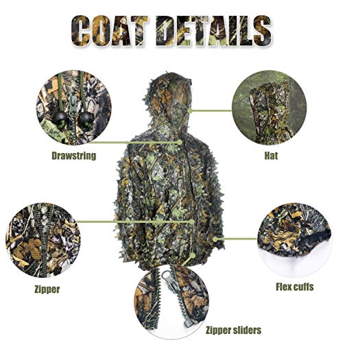 3D Leaf Ghillie Suit Ghillie Jackets and Pants Camouflage Clothing Hooded Hunting Suits for Children Youth Adult Airsoft Paintball Shooting Airsoft Wildlife Photography Halloween (Medium, Camouflage)