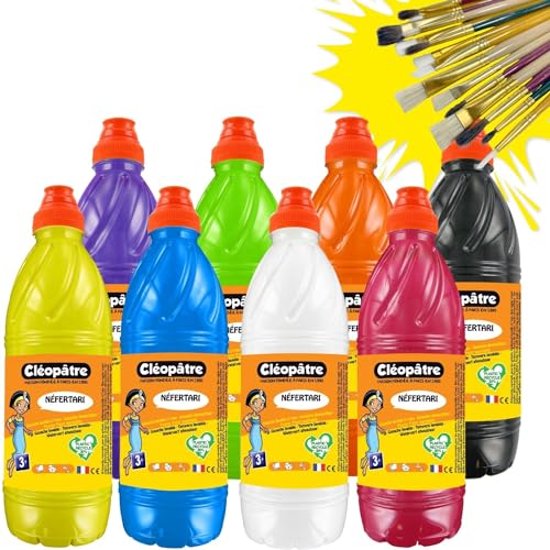Cléopâtre PGBB1X8+260161-Lot de 8 flacons de Gouache de 1L + Lot de 25 pinceaux et brosses Ecole, Multi, 15x10x5