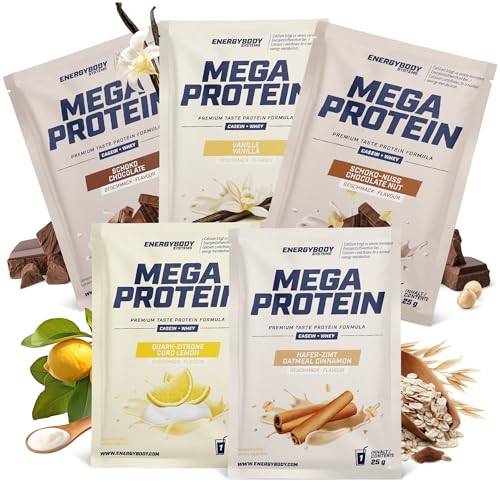 Energybody Mega Protein Pulver Probierpaket 1-5x25g - Mehrkomponenten Protein mit Casein Whey Mix als Eiweiss Protein Pulver/Proteinpulver Probierpackung/Eiweißpulver Probierset