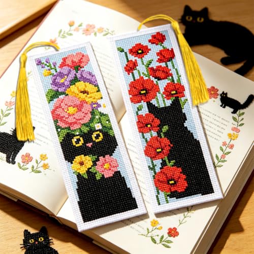 Image of ACRNIGHEET 6PCS Cross Stitch Bookmark Kit for Beginner Stamped Cross Stitch Kits for Adults Cat & Floral DIY Tassel Embroidery Bookmark Kits Needlepoint Kit with Instructions Craft Gift 8.5''x3'' 11CT