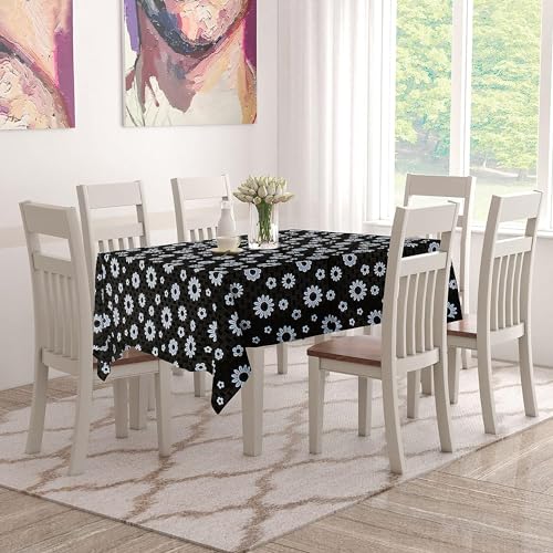Image of PVC Self Design Waterproof Table Cover for Dining Table (6 Seater (54 inch x 78 inch), Black, White)