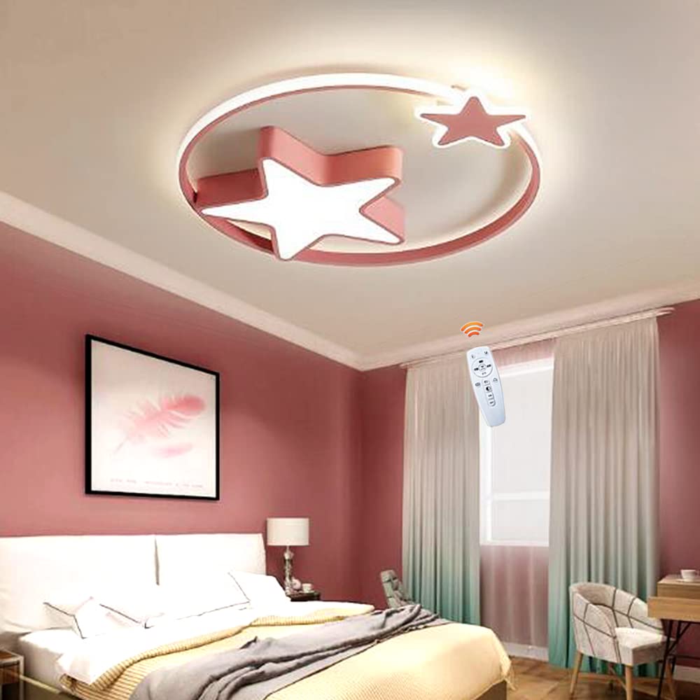 PANNN Round Ceiling Light Creative Star Ceiling Lamp LED Night Light Dimmable Children's Room Lamp with Remote Control Modern Wall Light for Living Room Bedroom Bathroom Hallway Lighting,Pink,55cm