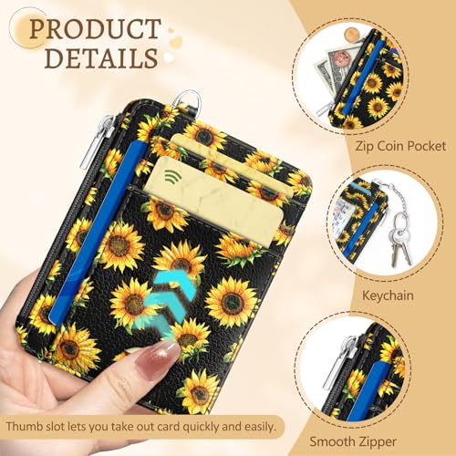 Image of Kelvoris Sunflower Credit Card Holder Small Wallet Women, Flowers Slim RFID | Keychain, Zipper Coin Pocket, Front Pocket Thin Travel Card Case, Minimalist, 6 Card Slots, 1 ID Window, Ladies Gifts Woman