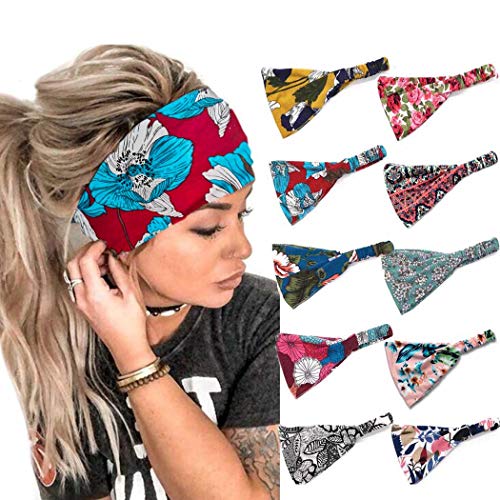 Bohend 10Packs Boho Headbands Wide Flower Hair Band Boho Bandeau Stretchy Athletic Daily Use Hair Accessories for Women and Girls (A)