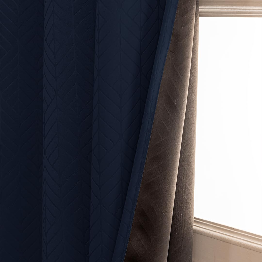 HOMEMONDE 100% True Blackout Curtains 6 Feet Window - Pack of 2 Curtains, Embossed Panels Light Block Thermal Insulated & Noise Reducing Room Darkening Curtains (Navy Blue, 72Inch)