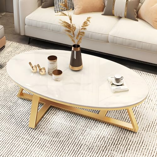 Image of Faux Marble and Stone Coffee Table With Cross Legs - Nordic Slate Oval Cocktail Table for Living Room - Grey/White Top, Gold Base - 47" L x 24" W x 18" H