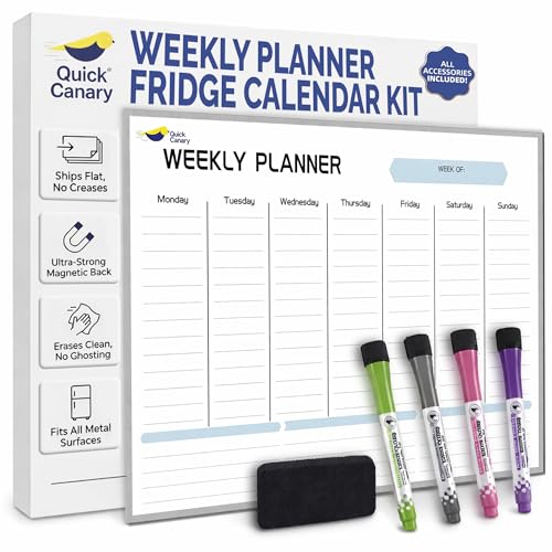 Magnetic Weekly Planner for Fridge - 17x12” Stain-Resistant Dry Erase Whiteboard Fridge Calendar with Large Writing Space for Schedules, Chores & Meals - Includes 4 Markers & Eraser
