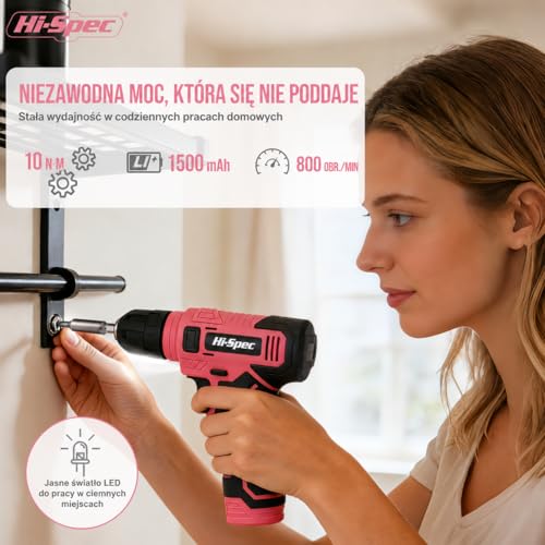 Hi-Spec Różowa Wiertarko-Wkrętarka Akumulatorowa 8V USB z Zestawem Bitów – Bezprzewodowy Elektrowkrętak dla Kobiet z Zestawem do Montażu Ściennego