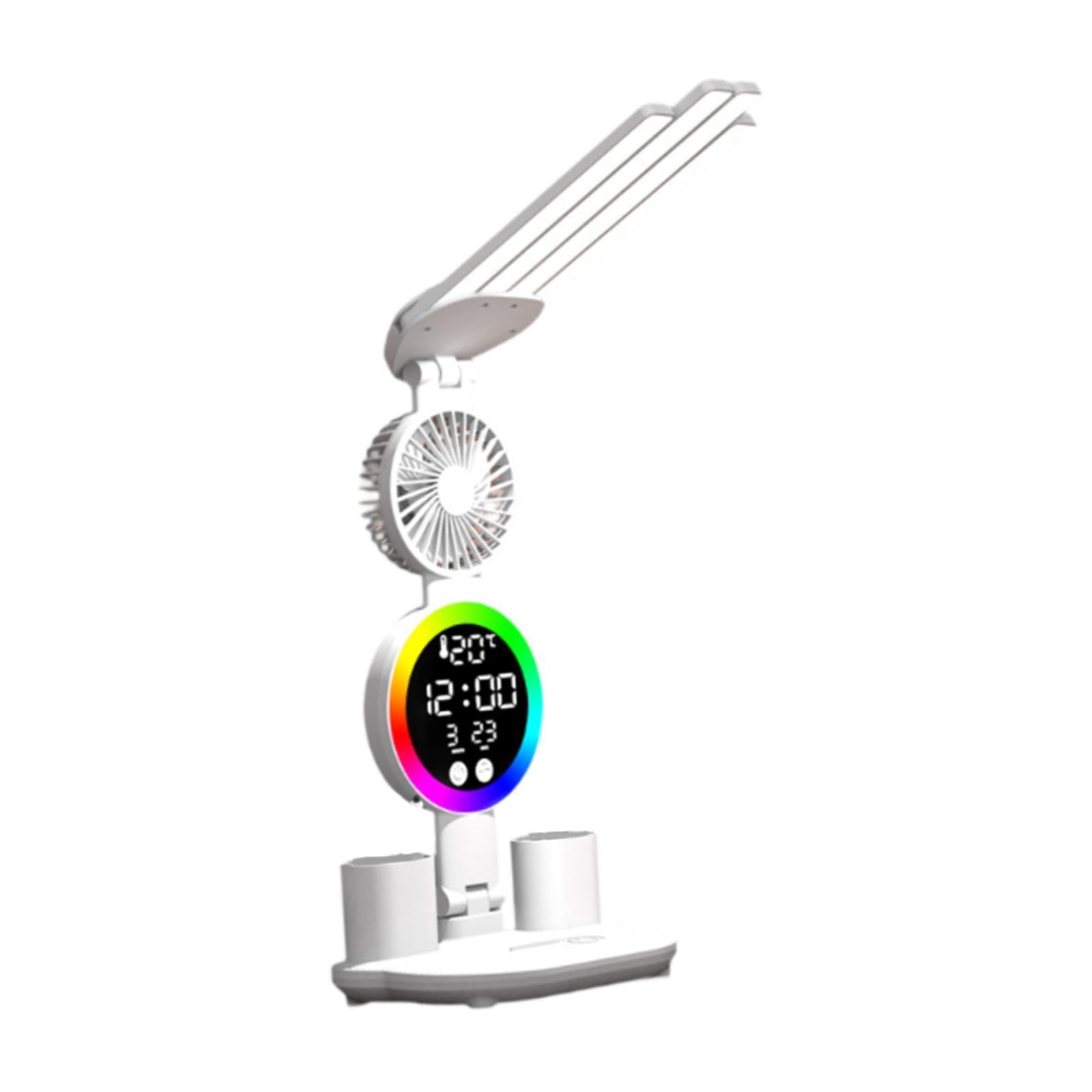 Fenteer Schreibtischlampe, Leselampe mit Stifthalter, mit Uhr, Datum, Temperatur, Standlicht, Dekor, tragbares Augenschutz-Nachttischlicht, mit Lüfter