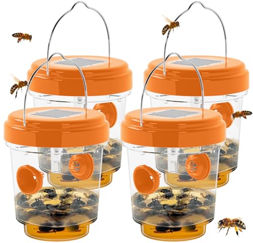 Wasp Trap Outdoor Hanging Solar Powered Bee Trap Hornets Yellow Jacket Traps Reusable Bee Wasp Catcher for Garden Patio Yard Orchard 4 Packs