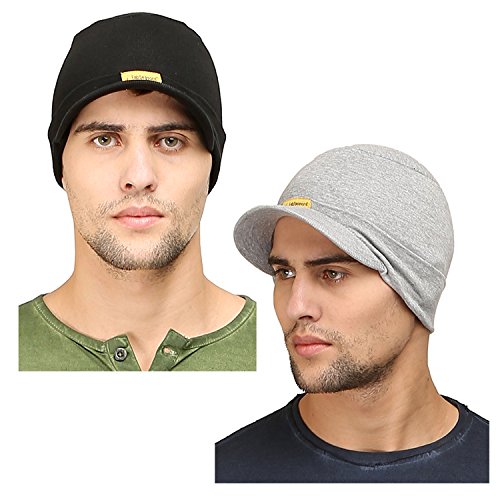 Image of FabSeasons Cotton Skull Cap with Peak, Ideal for All Summer & Winters. Combo Pack of 2 (Gray, Black)