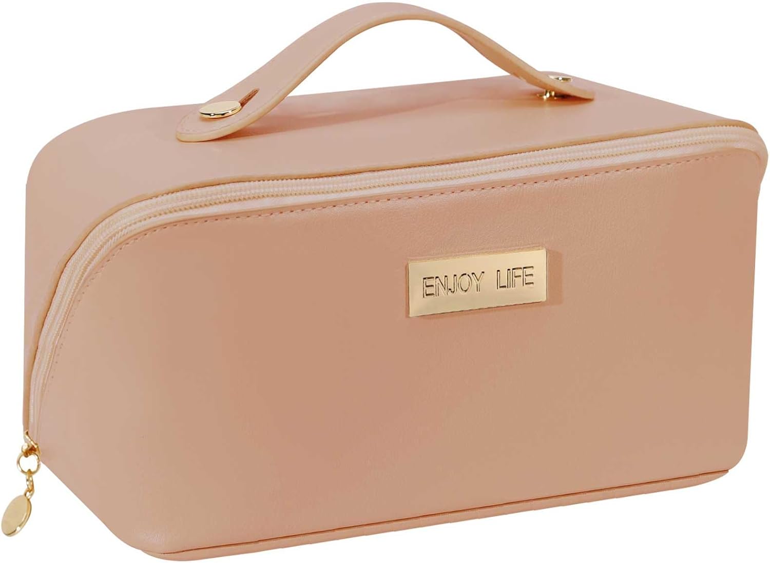 Travel Makeup Bag, Large Capacity Open Flat Cosmetic Bags with Compartments, Waterproof Leather Toiletry Bag with Zipper, Pink