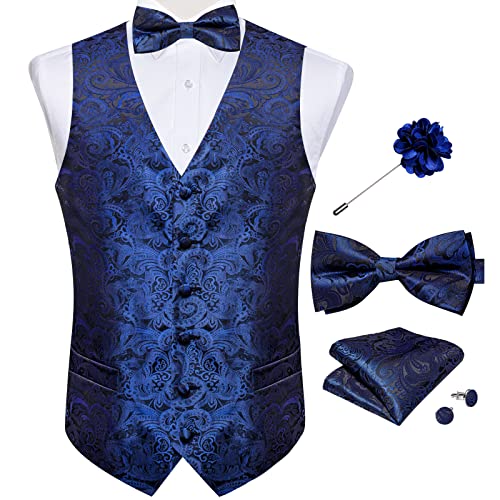 Image of DiBanGu Mens Paisley Suit Waistcoat,Silk Dress Vest and Bowtie Pocket Square Cufflinks with Lapel Pin Set for Wedding Tuxedo