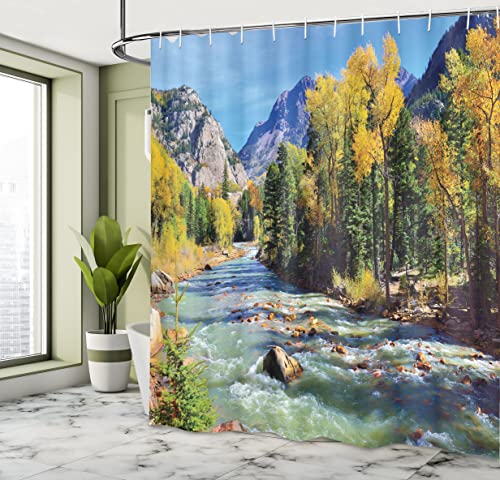 ABAKUHAUS Landscape Shower Curtain, Mountains of Colorado with Forest and River Summer Foliage Idyllic Photo - Image 4