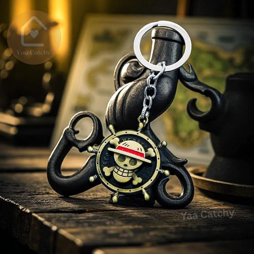 Image of One Piece Anima Manga Pirate Flag Logo Wheel Rotating Heavy Metal Keychain,|Anime Key ring| Perfect Keychain For Anime Lover|car Bikes Gold & Grey Combo pack