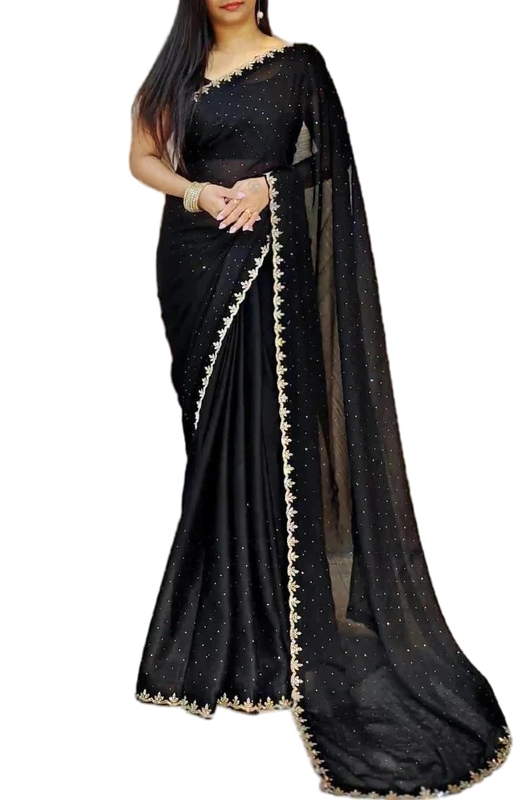 JS Clothing MartWomen's Dailywear Georgette Stone Work Saree with Border & All-Over Stone Embellishments – Wedding Saree with Blouse Piece (5 Colors, 5.5m Saree + 0.8m Blouse)
