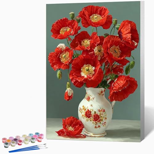 花束 ペイントバイナンバーキット花瓶 数字油絵 塗, DIY手描き油絵セット(ブラシ3本とアクリル絵の具を含む)、キャンバスセット、家の壁の装飾ギフト,誕生日プレゼント女性 40*50CM フレームなし -WX2510170