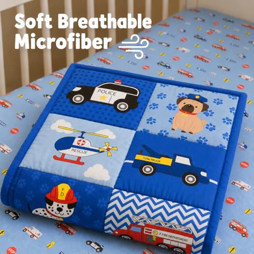 Image of EVERYDAY KIDS 4 Piece Boys Crib Bedding Set - Little Rescuer - Includes Quilt, Fitted Sheet, Dust Ruffle and Diaper Stacker - Nursery Bedding Set - Baby Crib Bedding Set