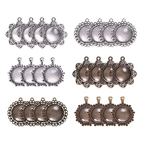PH PandaHall 24pcs Round Photo Charms Pendant Blank Trays Bezel, 24pcs Transparent Glass Cabochon Dome Tiles Clear Cameo Memorial Photo Pendant for Bridal Wedding Bouquet Graduation 3 Style 24 Sets