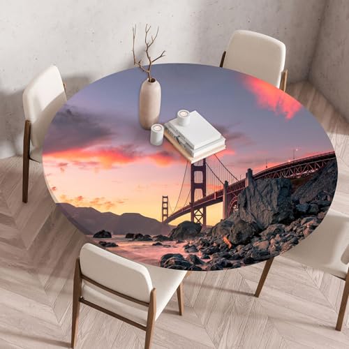 Hixingo Mantel Redondo Impresión de Paisaje Mantel con Elástico, Mantel Impermeable Poliéster 60-140 cm Mantel Mesa para Cocina, Jardín (70CM,Color 3)