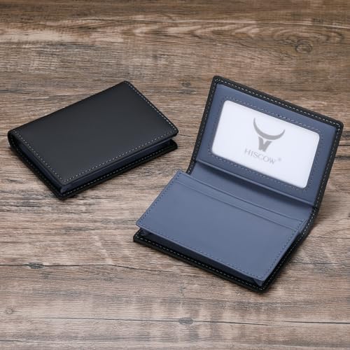Image of HISCOW Full Grain Leather Business Card Holder Case | Minimalist EDC wallet, gusset holds 25 cards, ID window, fits folded bills, bifold profile, premium gifts for men & women