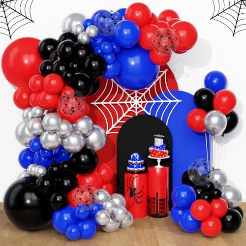 QIFU Spider Themed Balloon Arch Kit-108 Pcs Blue Black And Red Balloons Helium Latex Metallic Silver Balloons For Boys Men Kids Birthday Decorations Stranger Hero Party Graduation Baby Shower Party