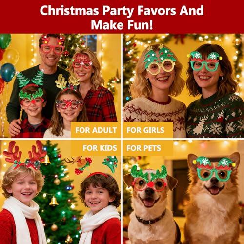 Image of fiintrwa Christmas Headband Beads Necklace Hair Hoop Eyewear Eyeglass Santa Hat Photo Props for Xmas Party Decoration Supplie