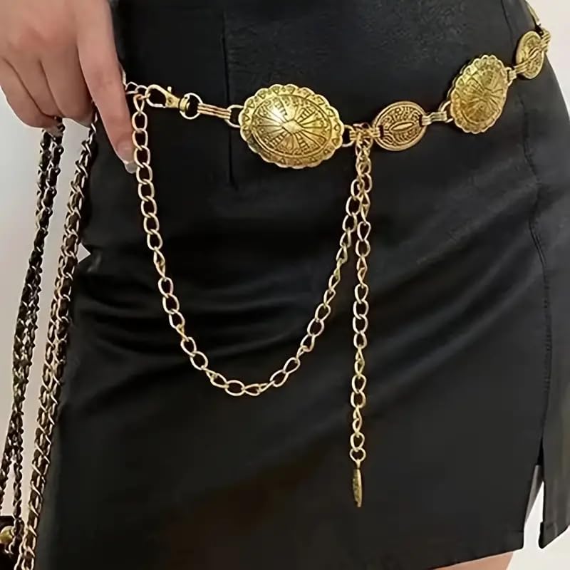 Utaly Womens Metal Waist Chain Dress Belts Boho Floral Carved Vintage Adjustable Metal Belts for Women Jeans Outfit3