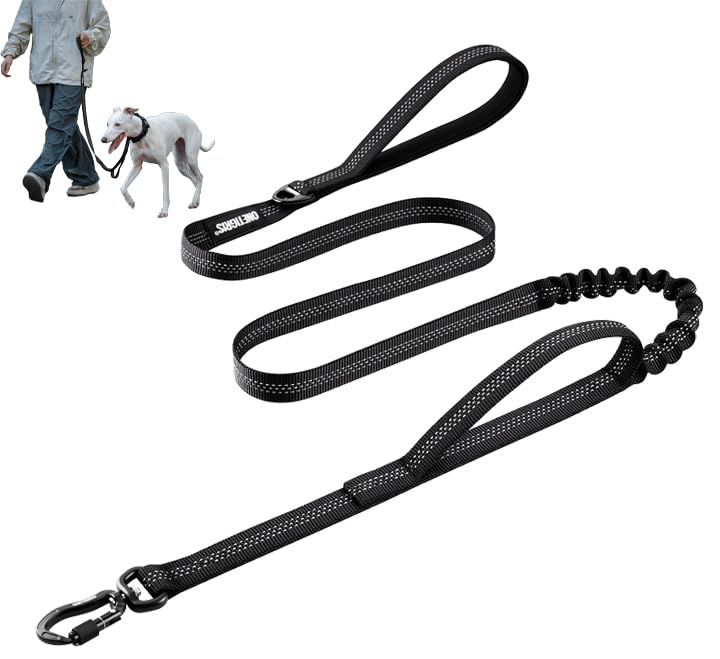 OneTigris Guinzaglio tattico, 138-152 cm Guinzaglio per Cani, guinzaglio Riflettente con 360°moschettone, con 2 maniglie imbottite per cani per addestramento e passeggiate, per correre (Nero),130g