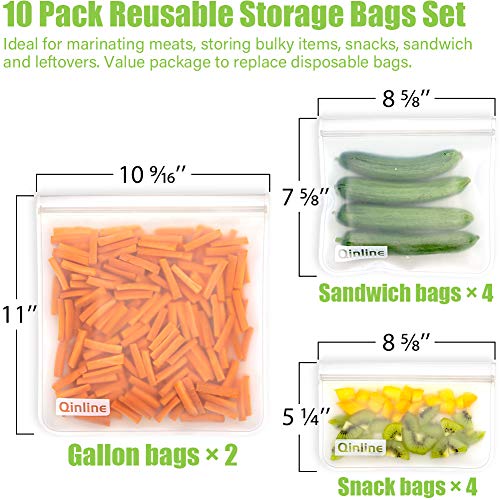 Qinline Reusable Food Storage Bags - 10 Pack Bpa Free Freezer Bags(2 Reusable Gallon Bags + 4 Reusable Sandwich Bags + 4 Food Grade Snack Bags) Extra Thick Leakproof Reusbale Lunch Bag For Salad Fruit #TOP1