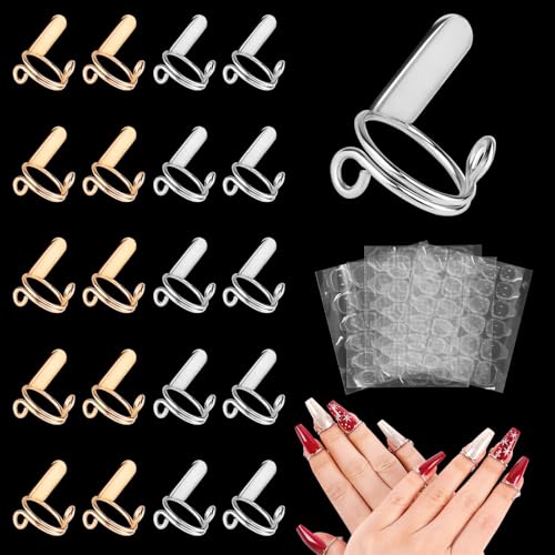 20PCS Wudu Nail Rings for Acrylic Nails, Reusable Fingernail Ring With 120PCS Nail Adhesive Adjustable Detachable Metal Finger Nail Rings for Nail Art Decoration (Gold&Silver)