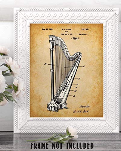 Harp Patent Drawing Print - Music Instrument Wall Art, Music Room Decor, Musician Gift, Vintage Orchestral Art, 11"X14" Unframed Patent Print Poster #TOP6