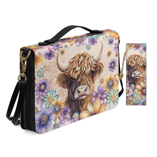 Waterproof Pu Leather Bible Covers with Bonus Bookmark Highland Cow Floral Bible Cover Case for Women Men Kids Book Protector Pouch with Multi Pockets