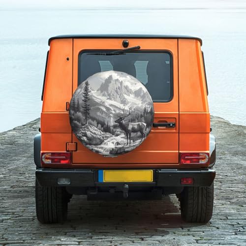 Image of Mountains Lake and Deer Spare Tire Cover Wheel Protectors Weatherproof Deer Pattern Wheel Covers Universal Fit for Trailer RV SUV Truck Camper Travel Trailers Accessories 17 Inch
