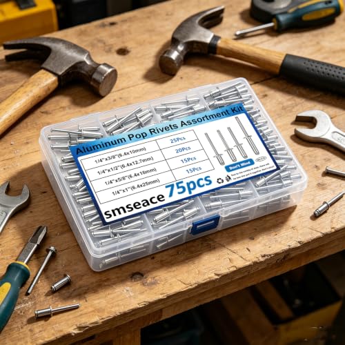 Image of smseace 70 Pcs 1 /4 Inches Rivets 1 /4 inch x (3 /8 inch, 1 /2 inch, 5 /8 inch, 1 inch) Aluminum Pop Rivets Assortment Kit - Assorted Blind Rivets for Metal,Furniture,Automotive,Instrument