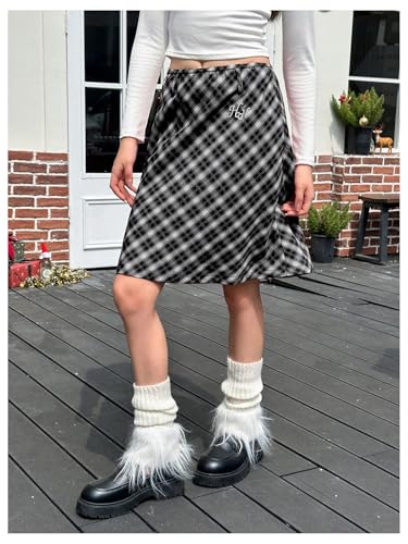 MakeMeChic Women's Plaid Midi Skirt Embroidery Ruffle A Line Knee Length Y2K Skirts3