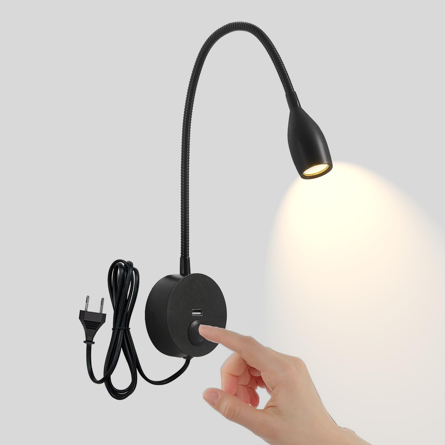 Lámpara de Lectura de Pared con Cuello de Cisne e Interruptor, lámpara de Cama LED de Pared, Regulable táctil con Puerto de Carga USB, luz Ajustable de 3000 a 6000 K, luz de Lectura de Pared para