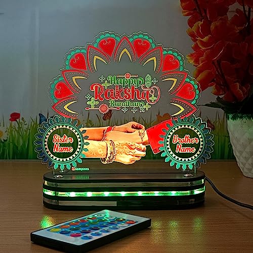 Image of lampees Personalized Raksha Bandhan 3D LED Lamp Brother Sister Name | UV Printed, Multi Colour LED, Remote Controlled, Customisable Names, Acrylic Stand