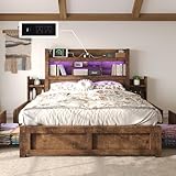 LUXOAK Full Bed Frame with 49.6' Bookcase Headboard & 2 Bedside Stoage Racks & 4 Drawers, Farmhouse Wood Bed Frame with RGB LED & Charging Station, No Box Spring Needed, Rustic Brown