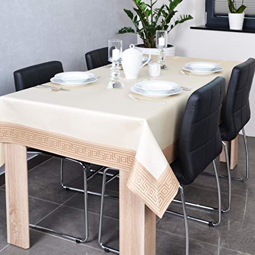 DECOOR - schmutzabweisende Tischdecke, veredelt mit einem 10 cm Breiten Dekorstreifen mit griechischem Muster, aus Satingewebe 200 g/m², 100% Polyester, hergestellt in EU (Beige+Kakao, 120 x 200 cm) Cover