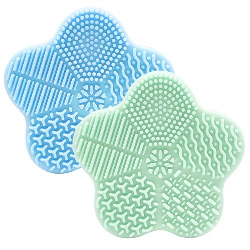 2Pcs Silicone Makeup Brush Cleaning Mat, Flower-shape Cosmetic Brush Cleaner Mat with Sponge Puff Portable Makeup Brushes Cleaning Pad Washing Tool for Makeup Brushes (Blue+Green)